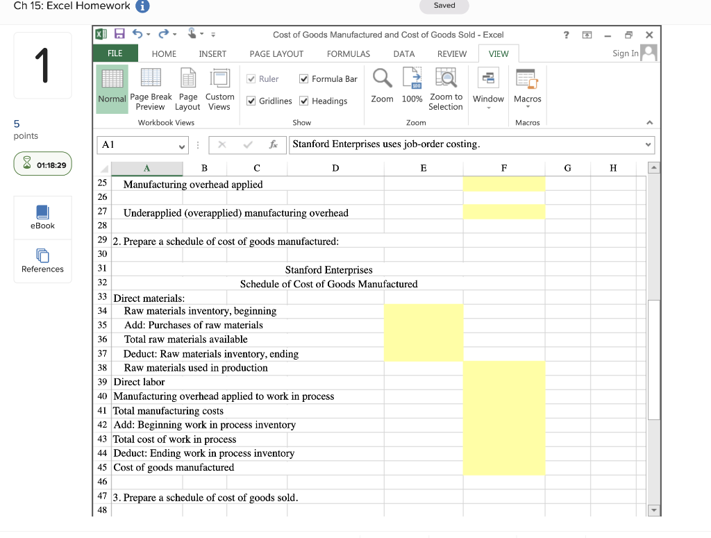 box for correct answers. Ch 15: Excel Homework Saved XDA Cost of