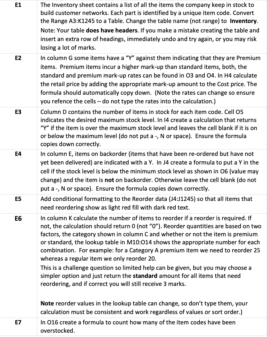 E1 E2 E3 The Inventory sheet contains a list of all