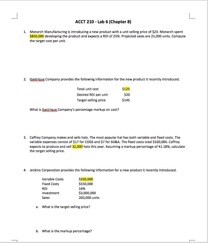ACCT 210 - Lab 6 (Chapter 8) 1. Monarch Manufacturing is