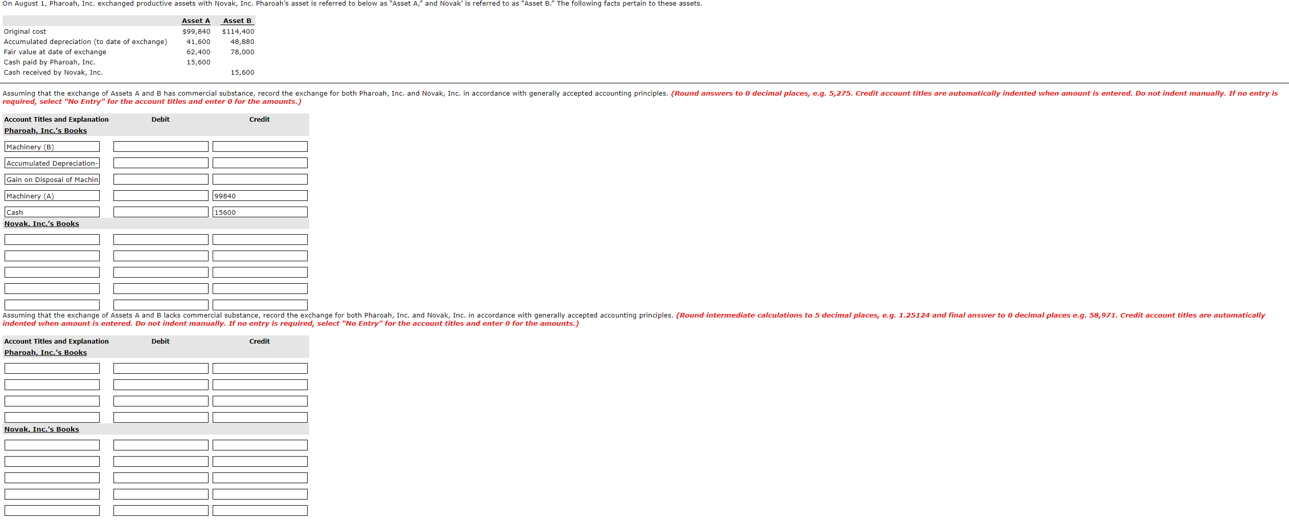Help with the step by step On August 1, Pharoah, Inc. exchanged