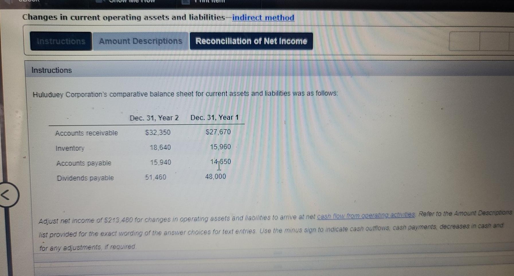  acct 201 Changes in current operating assets and liabilities-indirect method Amount