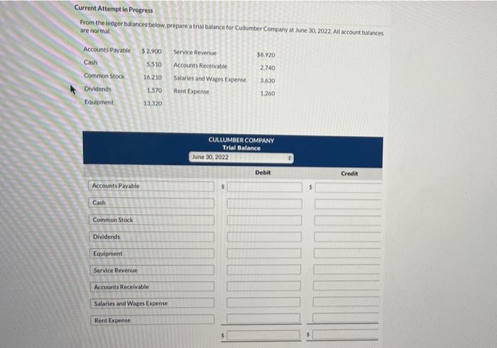 help Current Attempt in Progress From the ledger balances below.prepare a trial