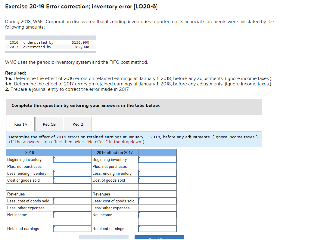 Exercise 20-19 Error correction; inventory error [LO20-6) During 2018, WMC Corporation