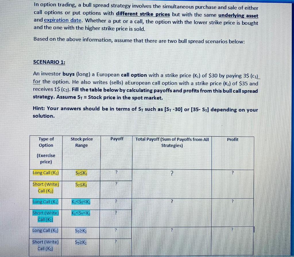 In option trading, a bull spread strategy involves the simultaneous purchase