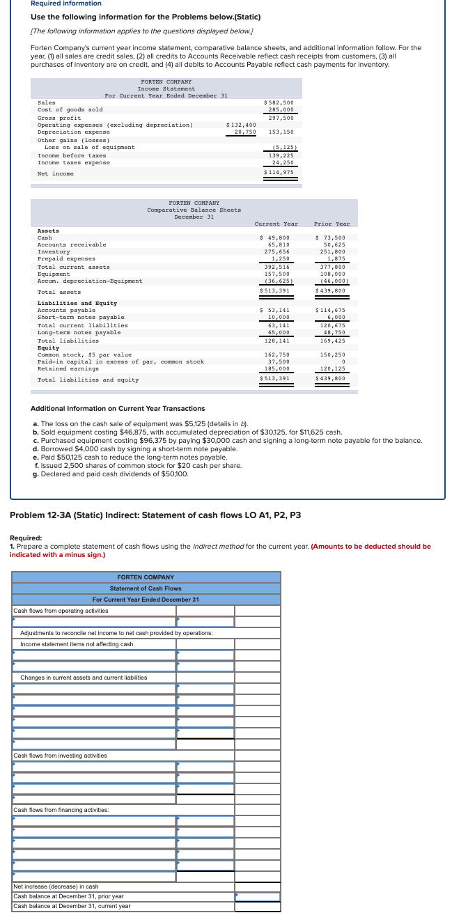 Required information Use the following information for the Problems below.(Static) (The