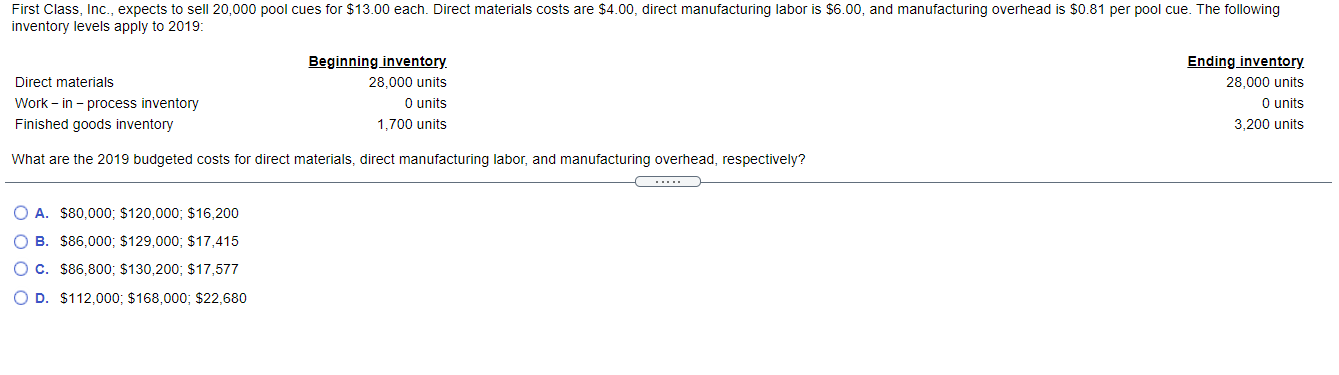  First Class, Inc., expects to sell 20,000 pool cues for $13.00