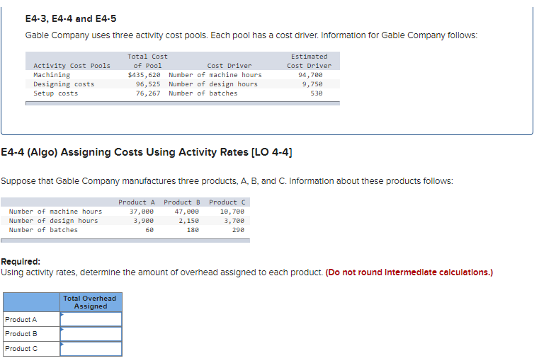  E4-3, E4-4 and E4-5 Gable Company uses three activity cost pools.