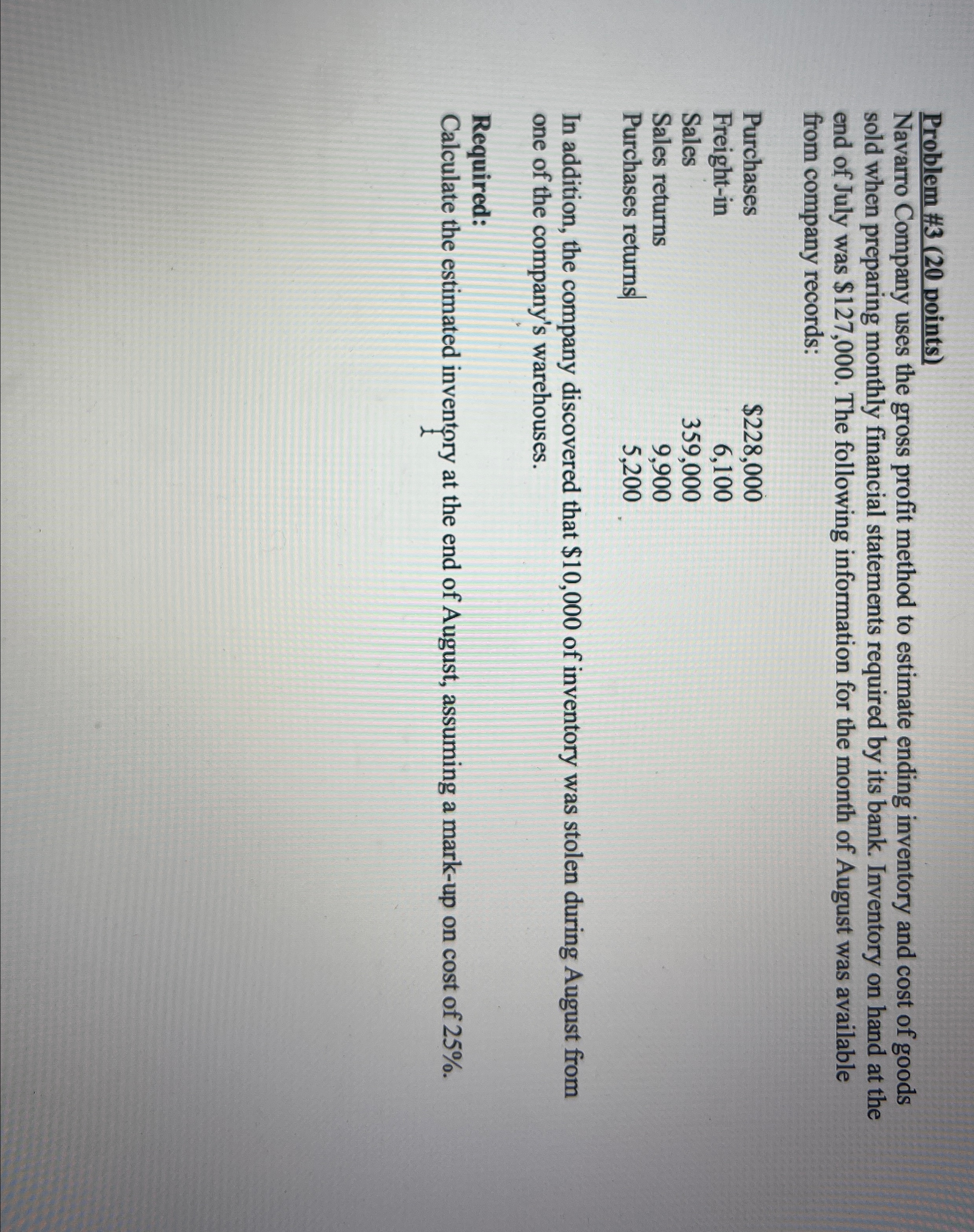  Problem #3(20 points) Navarro Company uses the gross profit method to