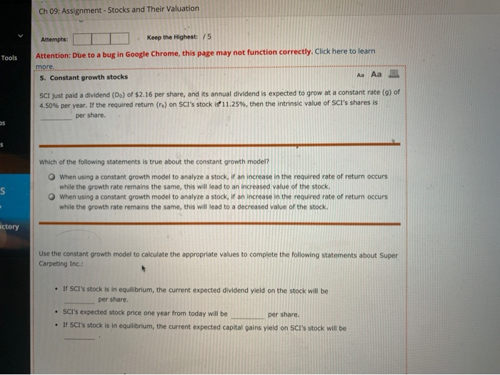  Ch 09: Assignment - Stocks and Their Valuation Tools Attempts: Keep