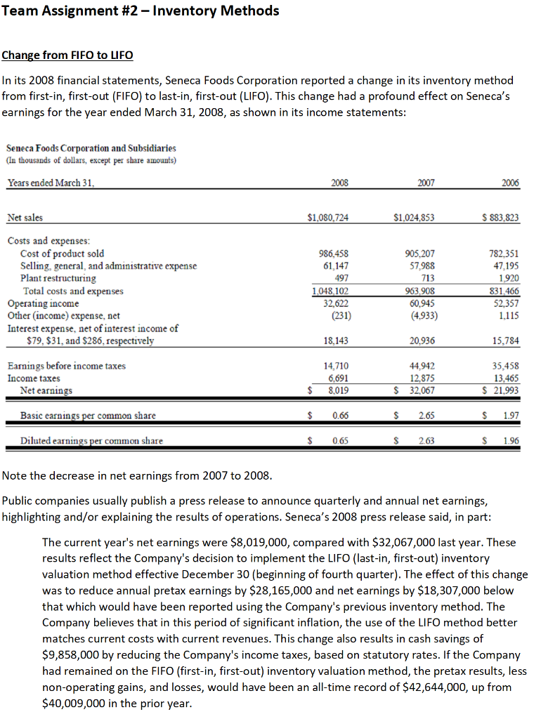 In Reference to Team Assignment #2 - Inventory Methods Change from