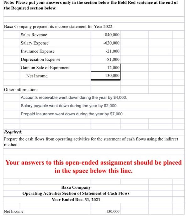  Note: Please put your answers only in the section below the