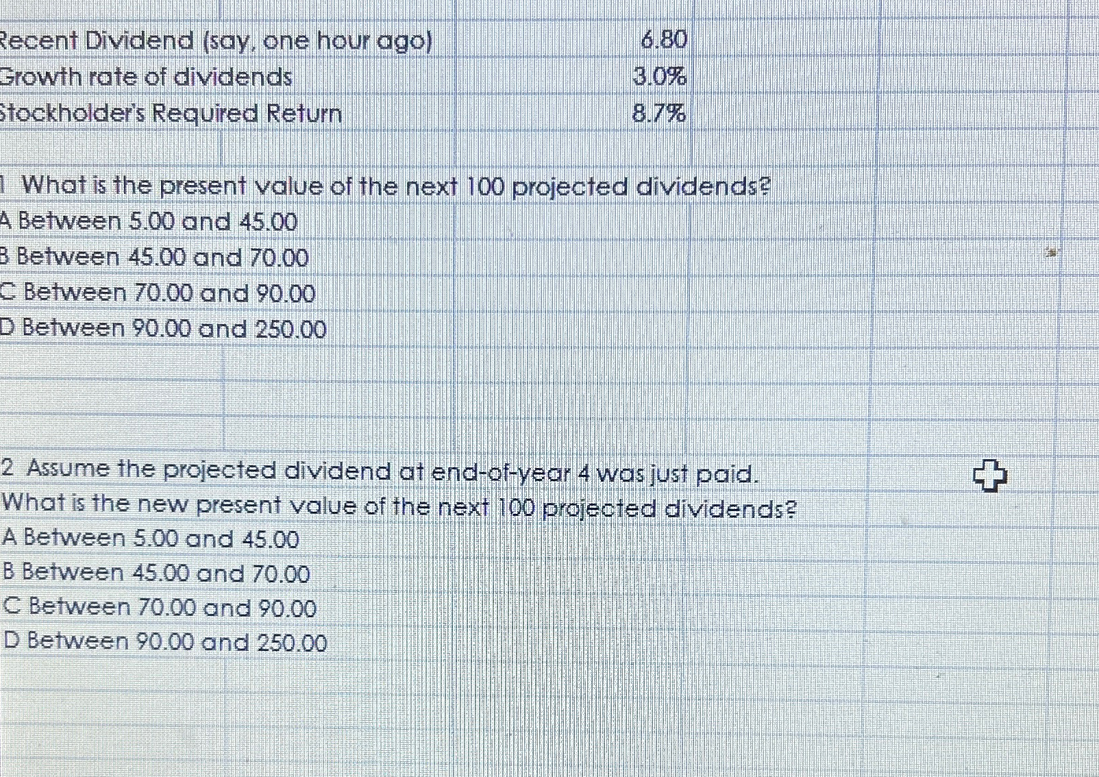 \table[[Recent Dividend (say, one hour ago),6.80],[Srowth rate of dividends,3.0% 