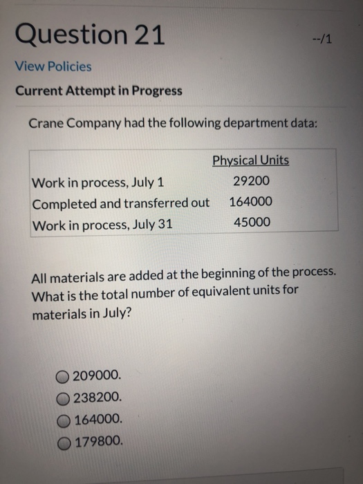  Question 21 --/1 View Policies Current Attempt in Progress Crane Company