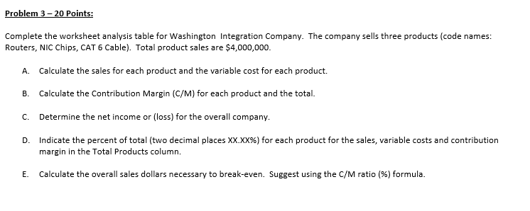  Problem 3-20 Points: Complete the worksheet analysis table for Washington Integration