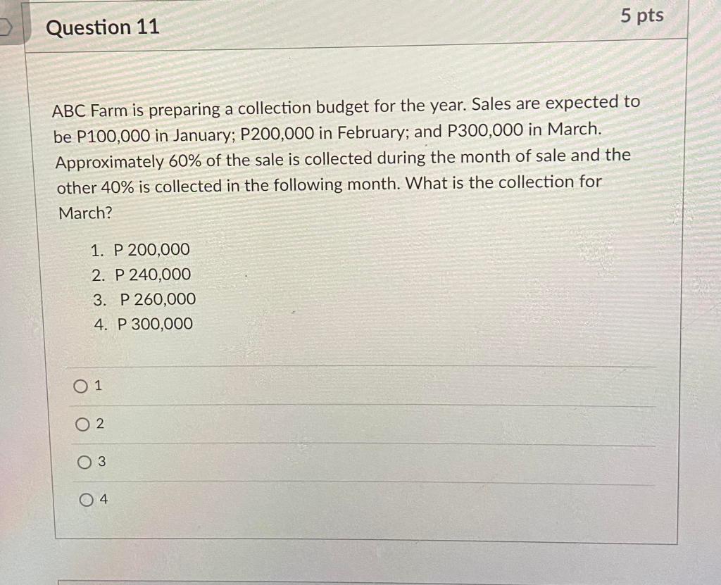  5 pts Question 11 ABC Farm is preparing a collection budget