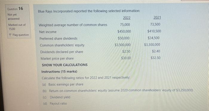  Question 16 Blue Rays Incorporated reported the following selected information: Not