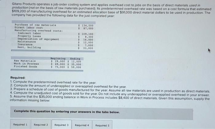 Please help! Gitano Products operates a job-order costing system and applies overhead