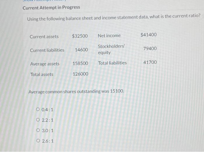  Current Attempt in Progress Using the following balance sheet and income