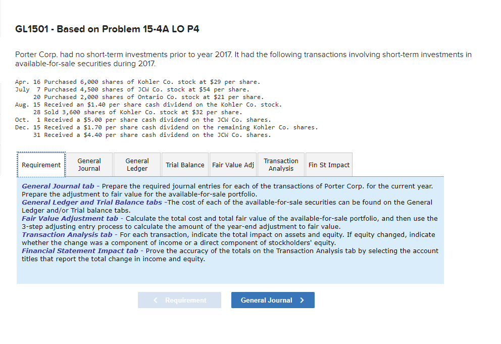 GL1501 Based on Problem 15-4A LO P4 Porter Corp. had no short-term