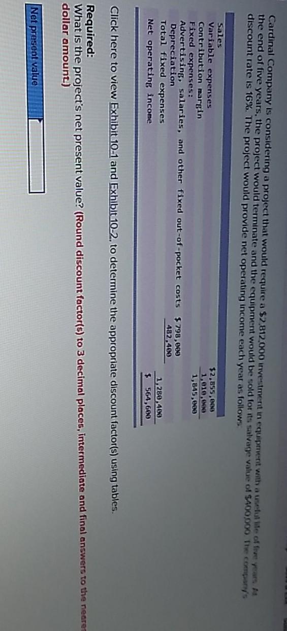 Cardinal Company is considering a project that would require a $2.812,000