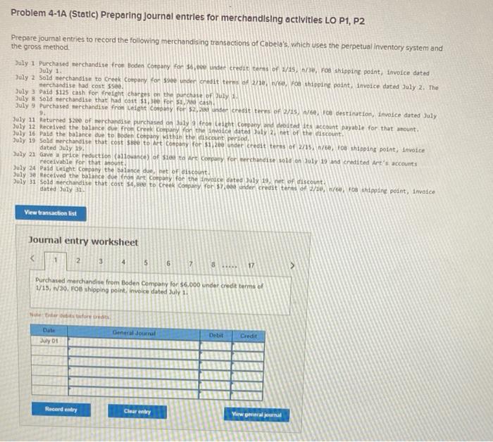  Problem 4-1A (Static) Preparing Journal entries for merchandising activities LO P1,