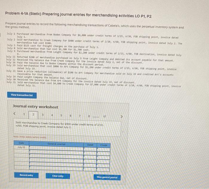 P2 Prepare journal entries to record the following merchandising transactions of Cabela's,