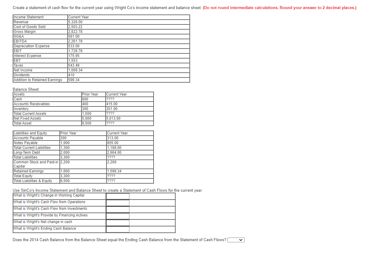 Create a statement of cash flow for the current year using Wright