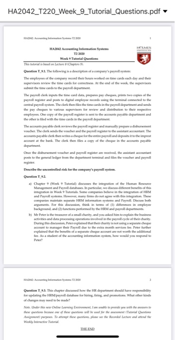 9 Tutorial] a) In Chapter 9 (Week 9 Tutorial) we discussed the