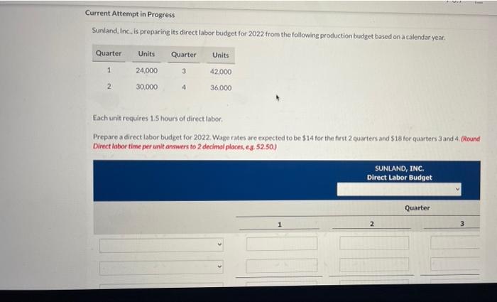  Current Attempt in Progress Sunland, Inc. is preparing its direct labor