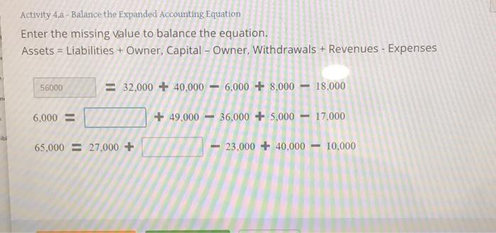  Activity 4.a - Balance the Expanded Accounting Equation Enter the missing