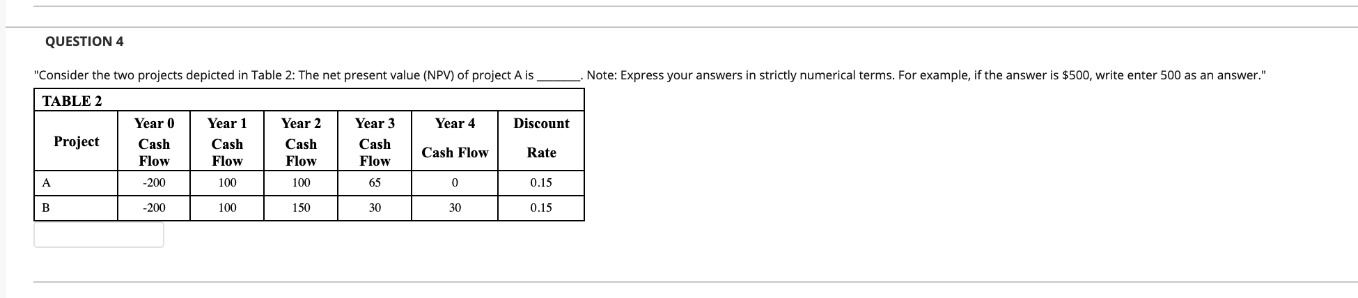  QUESTION 4 "Consider the two projects depicted in Table 2: The