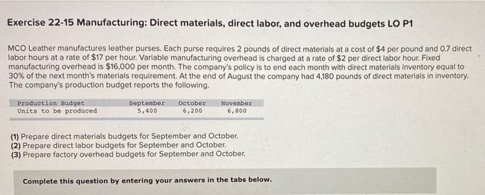  Exercise 22-15 Manufacturing: Direct materials, direct labor, and overhead budgets LO