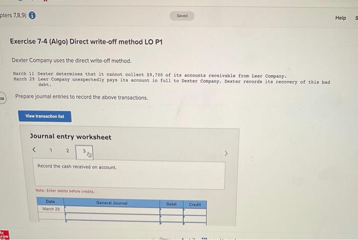 cannot collect $9,700 of its accounts receivable from Leer Company, March 29