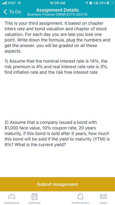  ..ll AT&T 10:29 AM 1 29% To Do Assignment Details Business