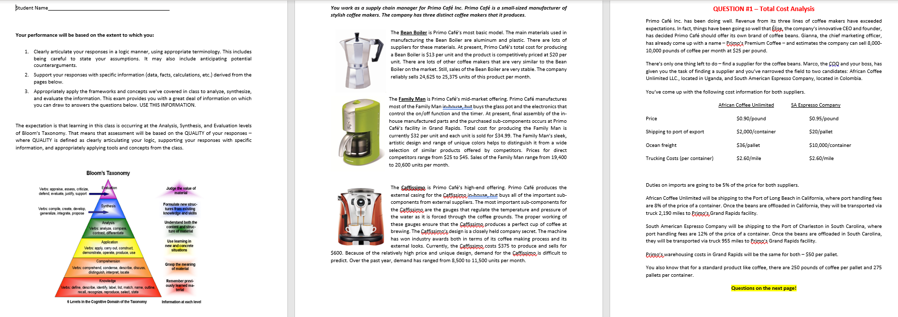 SHOW CALCULATIONS IN EXCEL!!!!!! Student Name You work as a supply chain