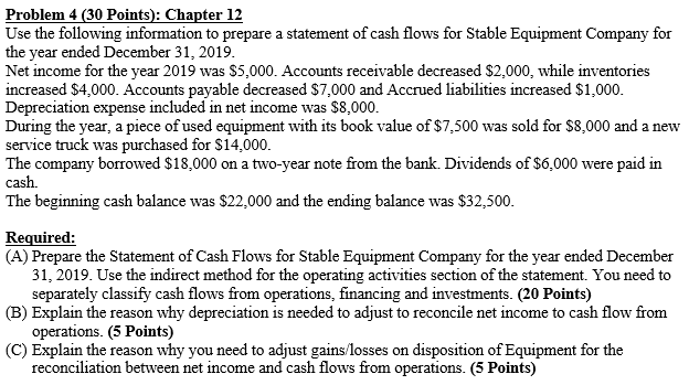 Problem 4 (30 Points): Chapter 12 Use the following information to
