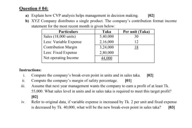  Question # 04: a) Explain how CVP analysis helps management in