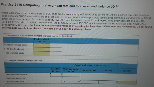  Exercise 21-19 Computing total overhead rate and total overhead variance LO