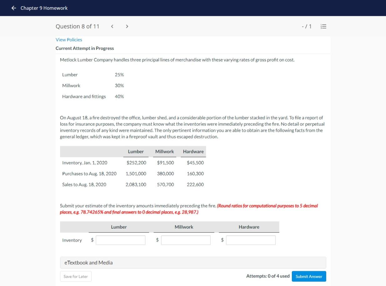 + Chapter 9 Homework Question 8 of 11 > - /