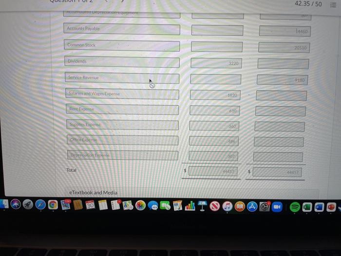 Question 1 of 2 Prepare a trial balance. (Do not leave any