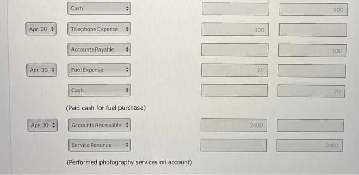 Accounts Receivable Apr. 30 2,400 Supplies Apr. 17 890 Fuel Expense Apr.