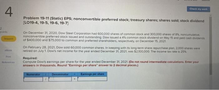  Check my world 4. Problem 19-11 (Static) EPS; nonconvertible preferred stock;