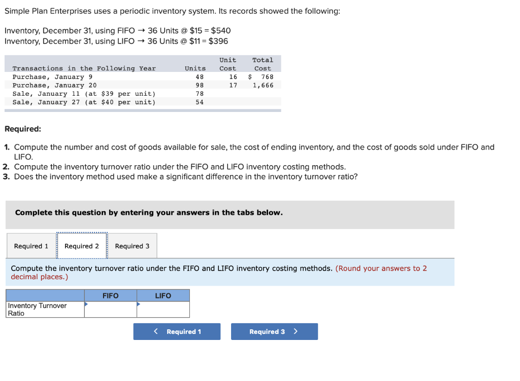 the following: Inventory, December 31, using FIFO 36 Units @ $15 =