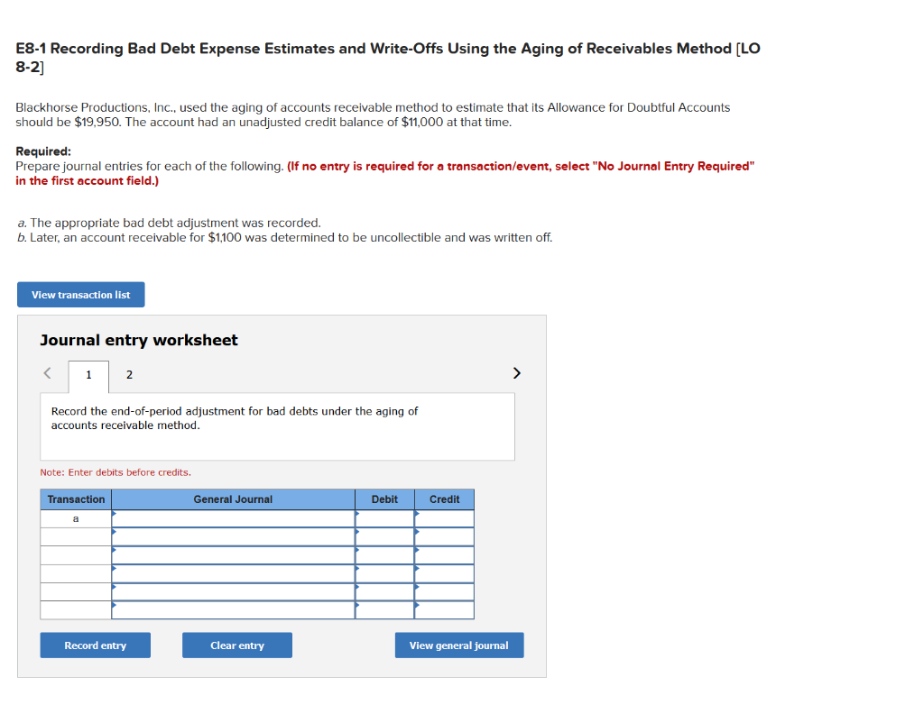 E8-1 Recording Bad Debt Expense Estimates and Write-Offs Using the Aging