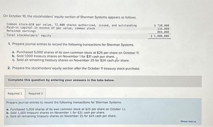  2. Prepare the stockholders' equity section after the October 11 treasury