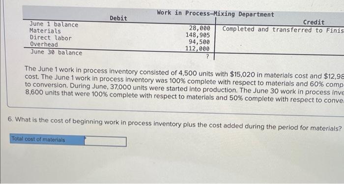 to June): Work in Process-Mixing Department Debit Credit June 1 balance 28,000
