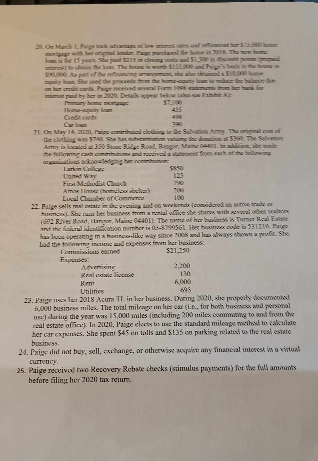 Required: Use the following information to complete Paige Turner's 2020 federal income