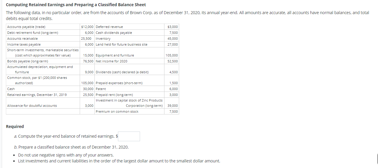 Computing Retained Earnings and Preparing a Classified Balance Sheet The following