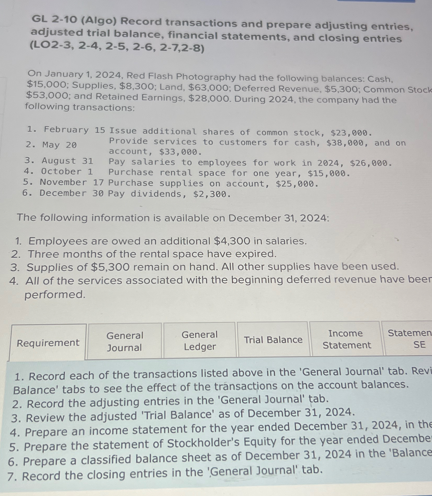  GL 2-10(Algo) Record transactions and prepare adjusting entries, adjusted trial balance,