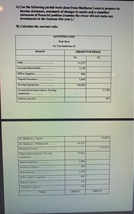  A) Use the following partial work sheet from Matthew Lanes to